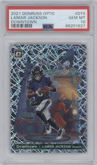 Lamar Jackson from the 2021 Panini Donruss Optic set graded by PSA and given an overall grade of 10.