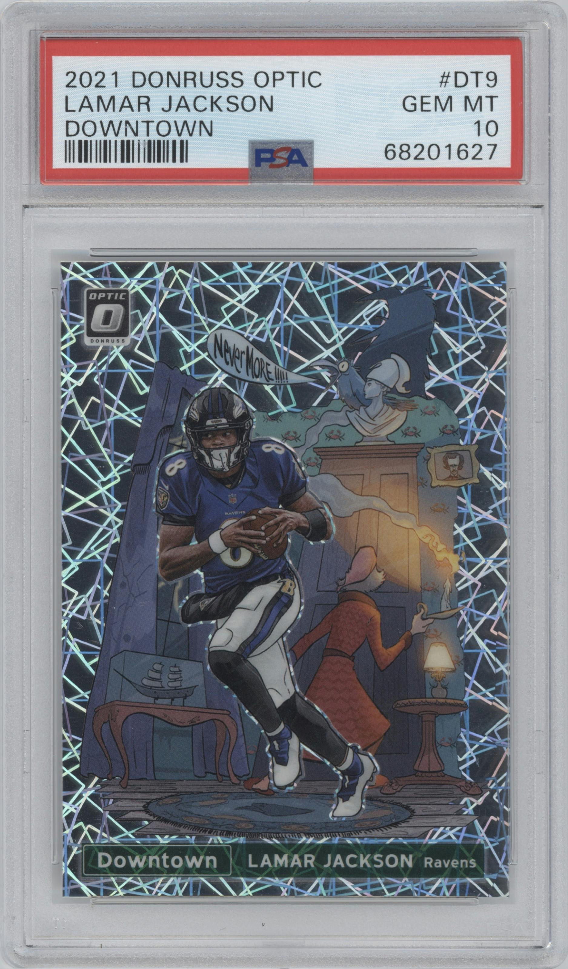 Lamar Jackson from the 2021 Panini Donruss Optic set graded by PSA and given an overall grade of 10.