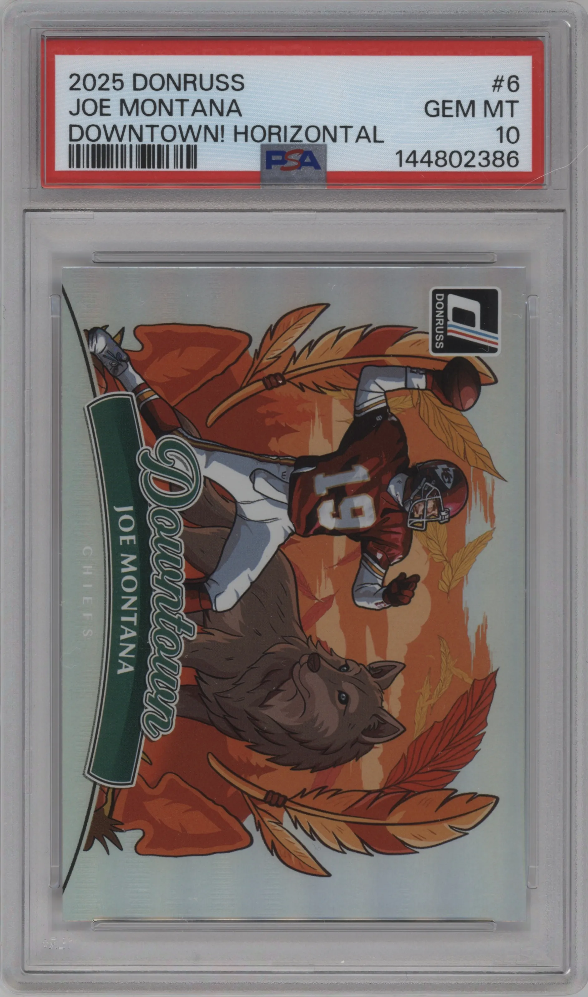 Joe Montana from the 2025 Panini Donruss set graded by PSA and given an overall grade of 10.