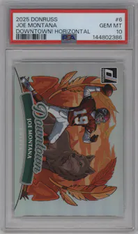 Joe Montana from the 2025 Panini Donruss set graded by PSA and given an overall grade of 10.