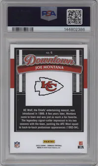 Joe Montana from the 2025 Panini Donruss set graded by PSA and given an overall grade of 10.
