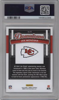 Joe Montana from the 2025 Panini Donruss set graded by PSA and given an overall grade of 10.
