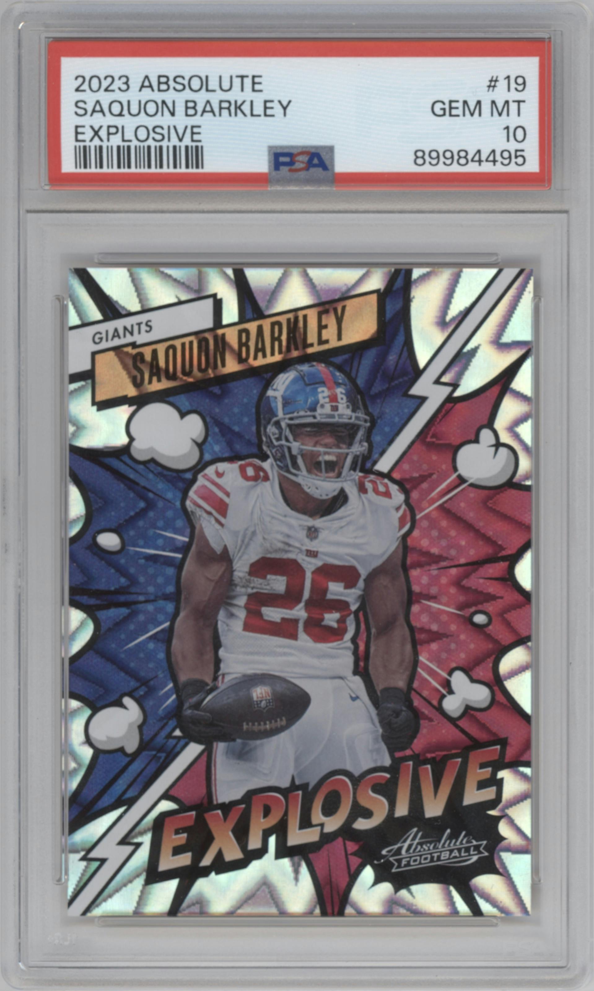 Saquon Barkley from the 2023 Panini Absolute set graded by PSA and given an overall grade of 10.