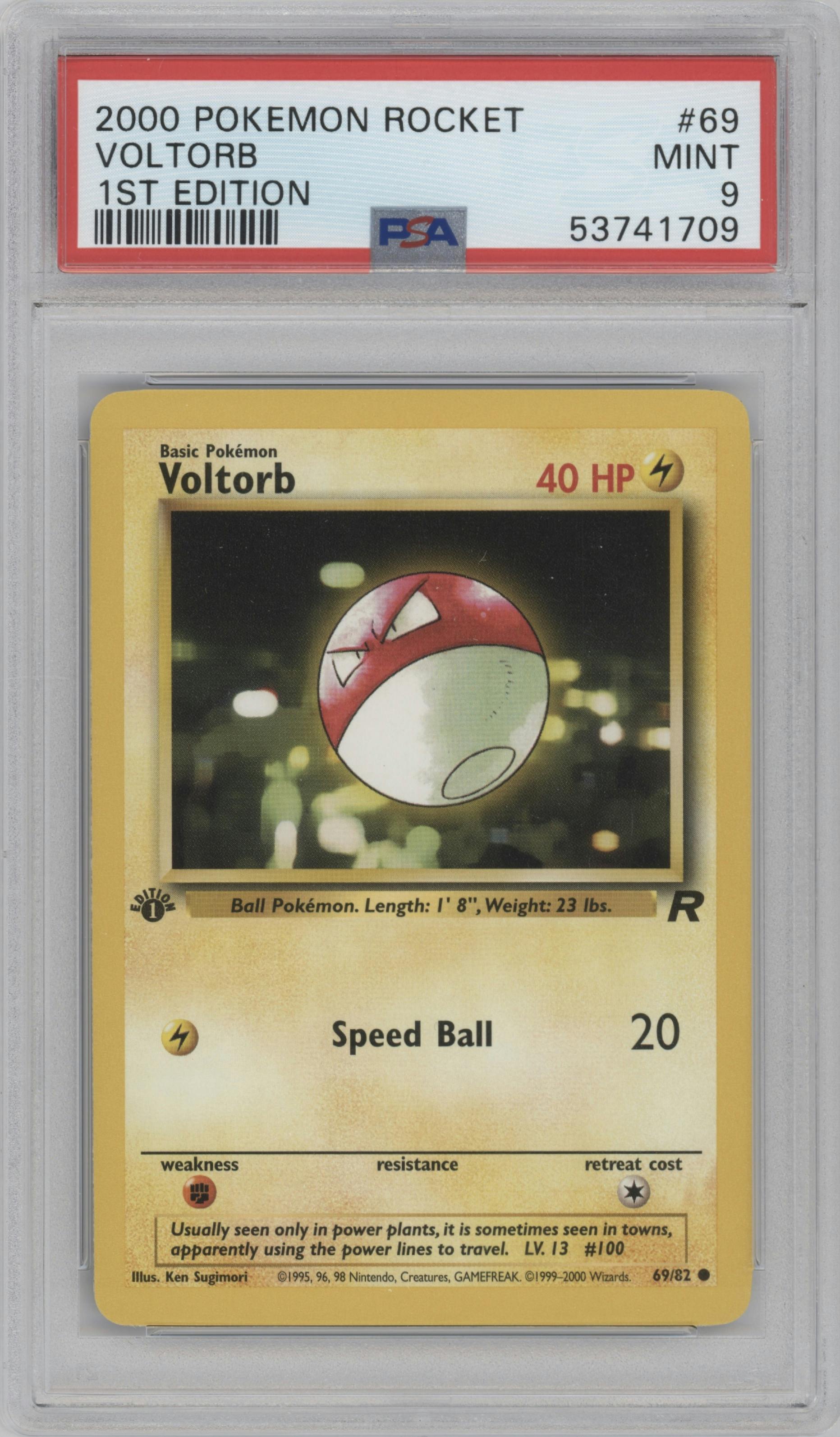 Voltorb from the 2000 Pokemon set graded by PSA and given an overall grade of 9.