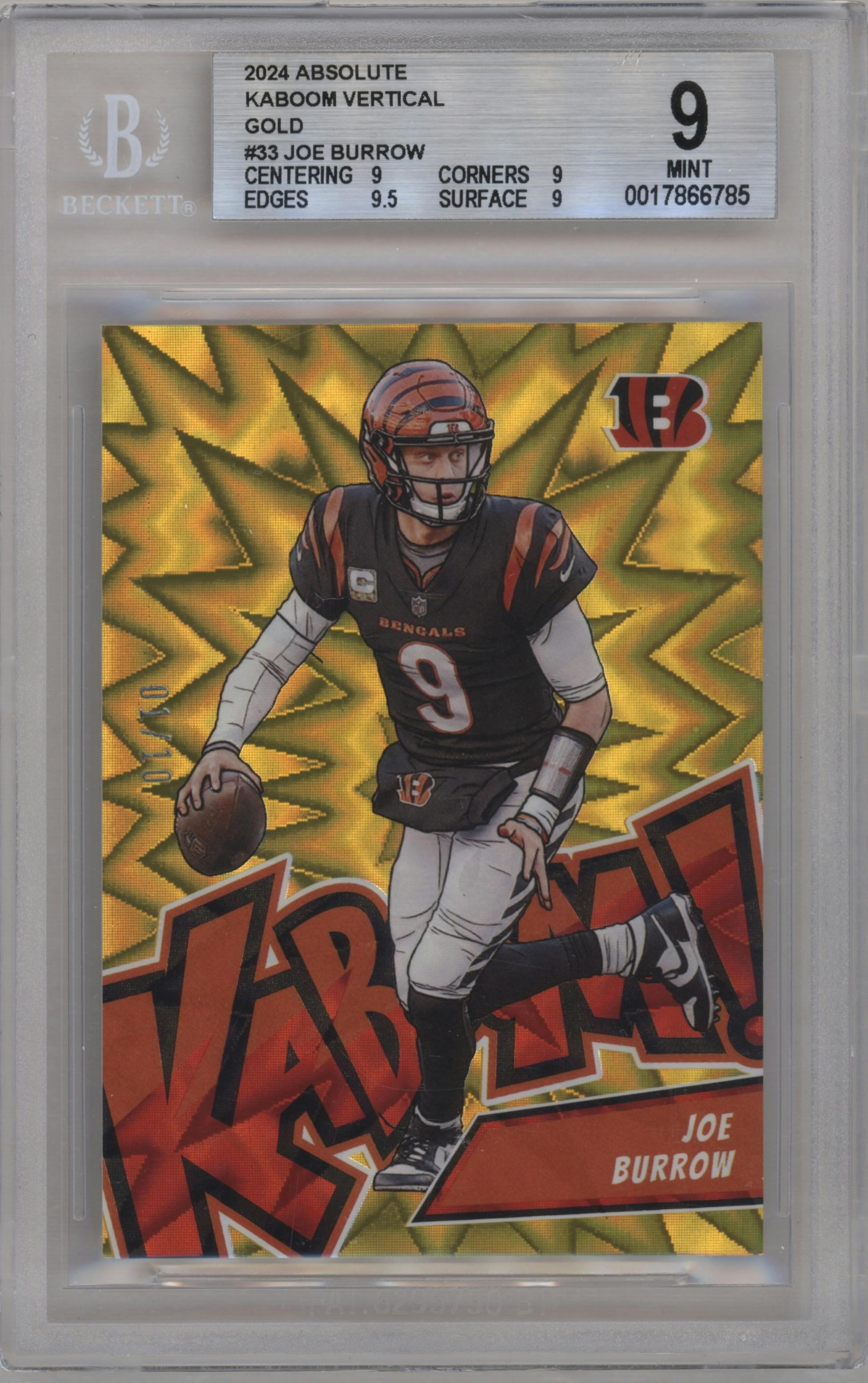  Joe Burrow from the 2024 Panini Absolute set featuring a Gold parallel graded by Beckett and given an overall grade of 9.