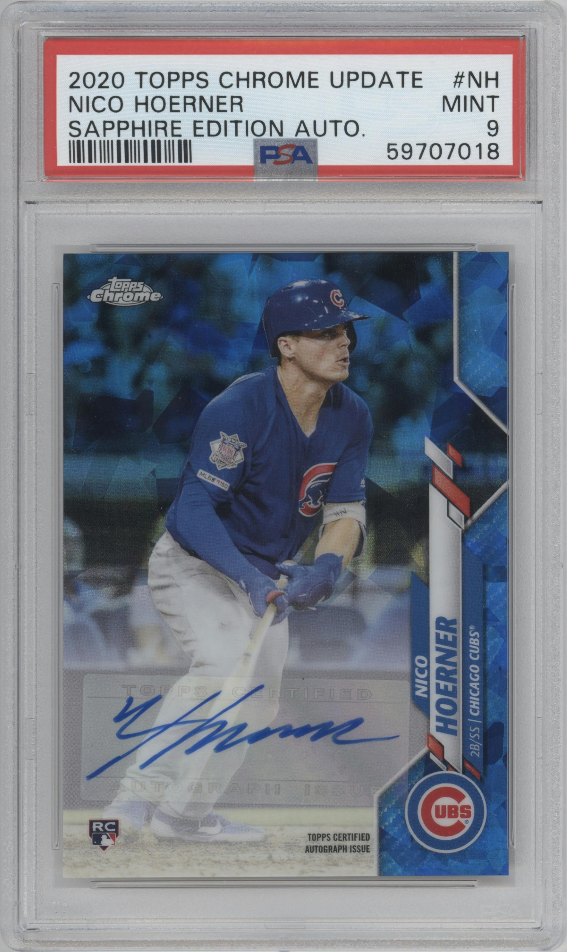 Nico Hoerner from the 2020 Topps Chrome Update Sapphire  set graded by PSA and given an overall grade of 9.