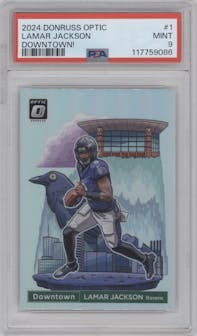 Lamar Jackson from the 2024 Donruss Optic set graded by PSA and given an overall grade of 9.