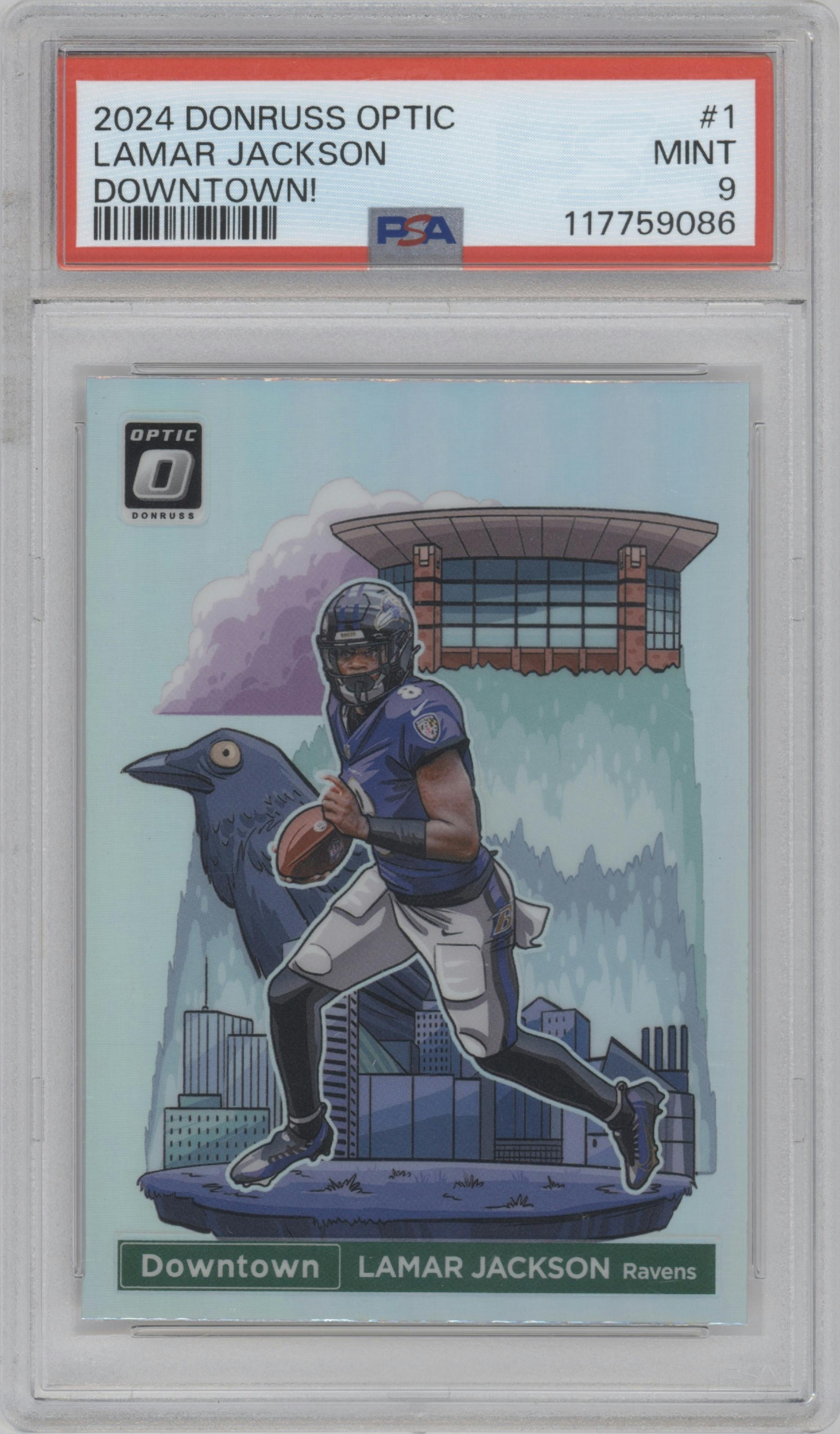 Lamar Jackson from the 2024 Donruss Optic set graded by PSA and given an overall grade of 9.