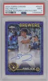 Sal Frelick from the 2024 Topps Chrome set featuring a Purple Speckle Refractor parallel graded by PSA and given an overall grade of 9.