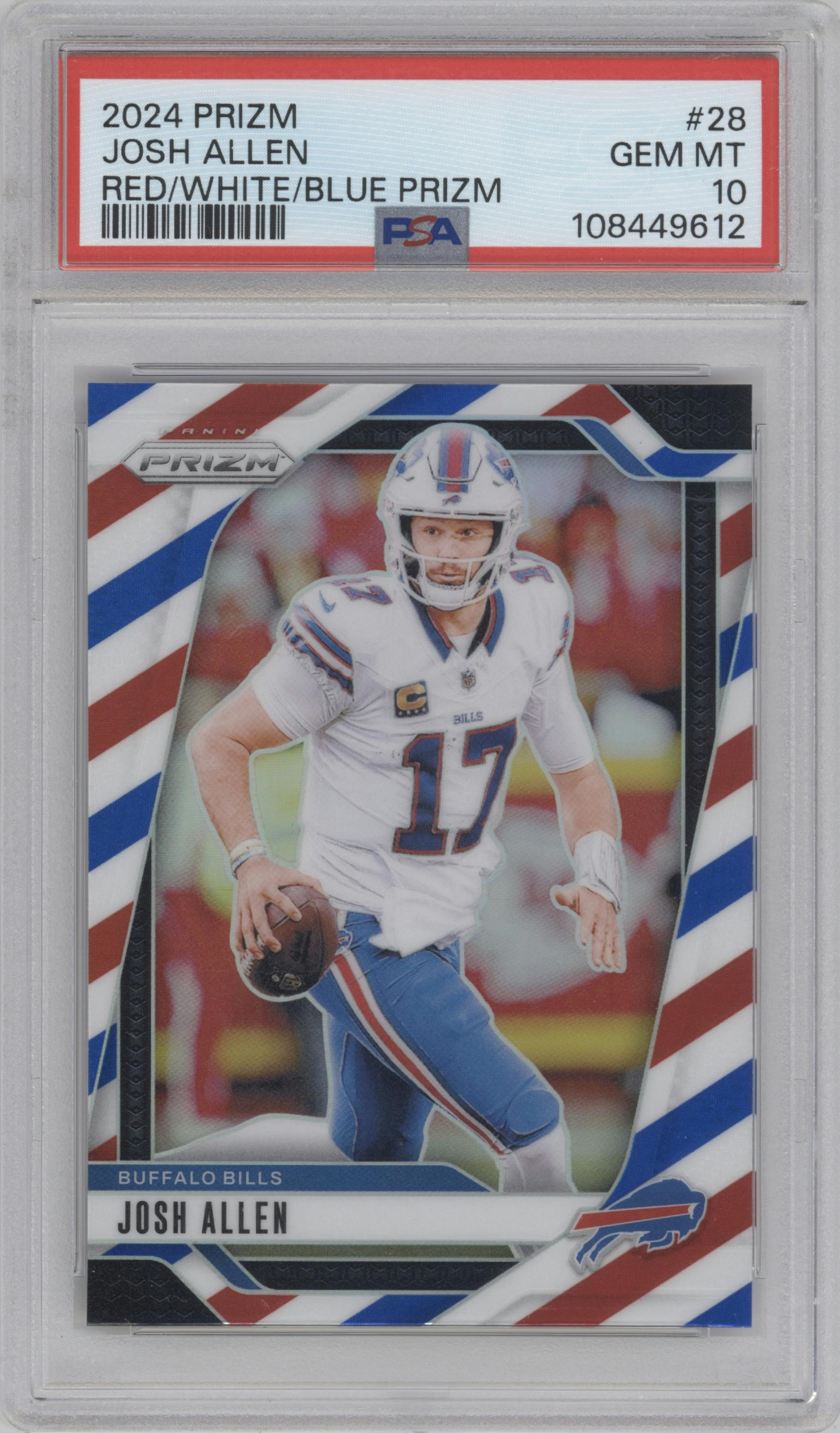 Josh Allen from the 2024 Panini Prizm set featuring a Red/White/Blue Prizm parallel graded by PSA and given an overall grade of 10.