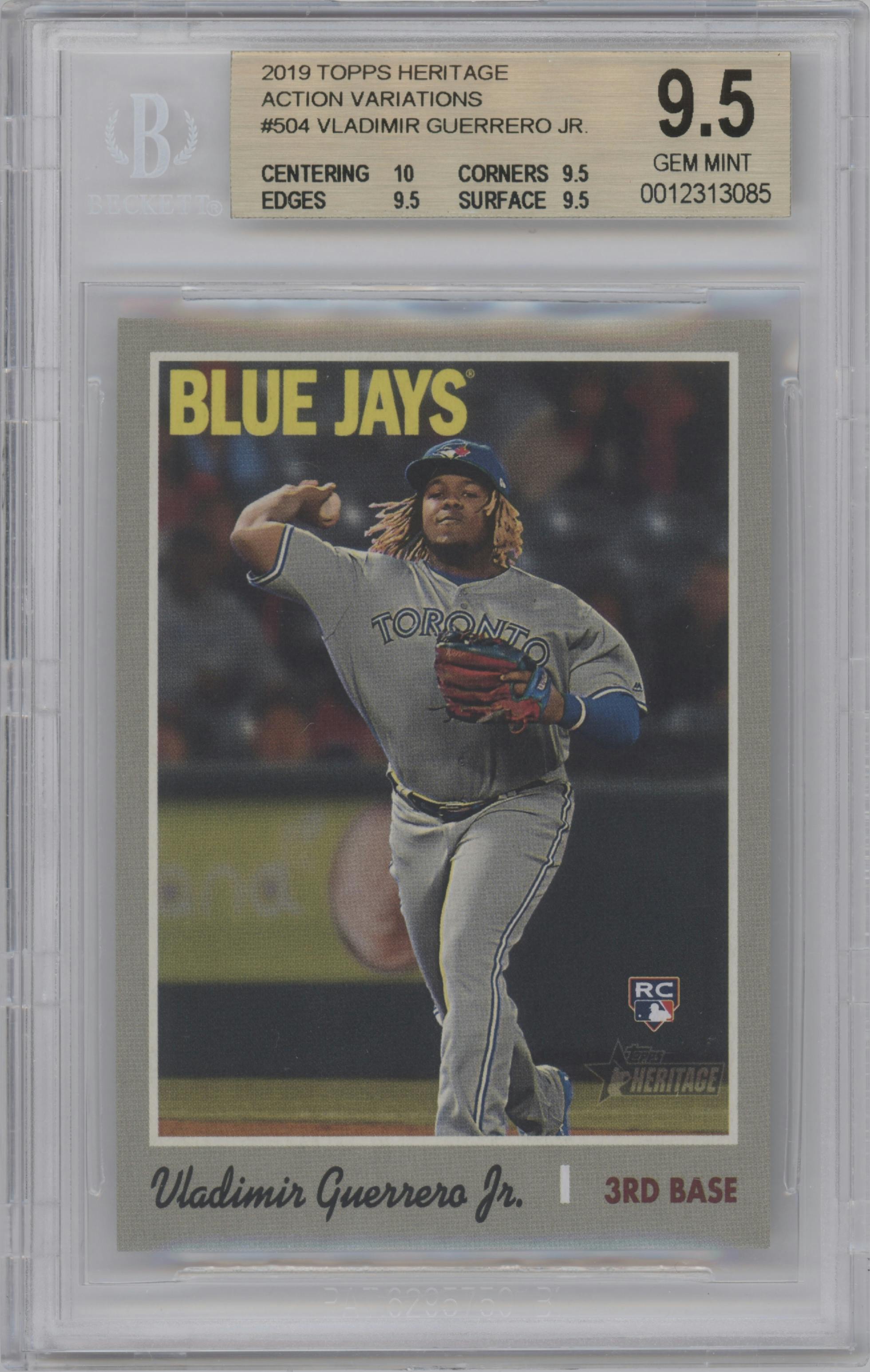 Vladimir Guerrero Jr. from the 2019 Topps Heritage HN set graded by Beckett and given an overall grade of 9.5.