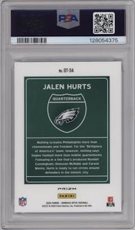 Jalen Hurts from the 2020 Panini Donruss Optic set graded by PSA and given an overall grade of 9.