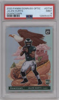 Jalen Hurts from the 2020 Panini Donruss Optic set graded by PSA and given an overall grade of 9.