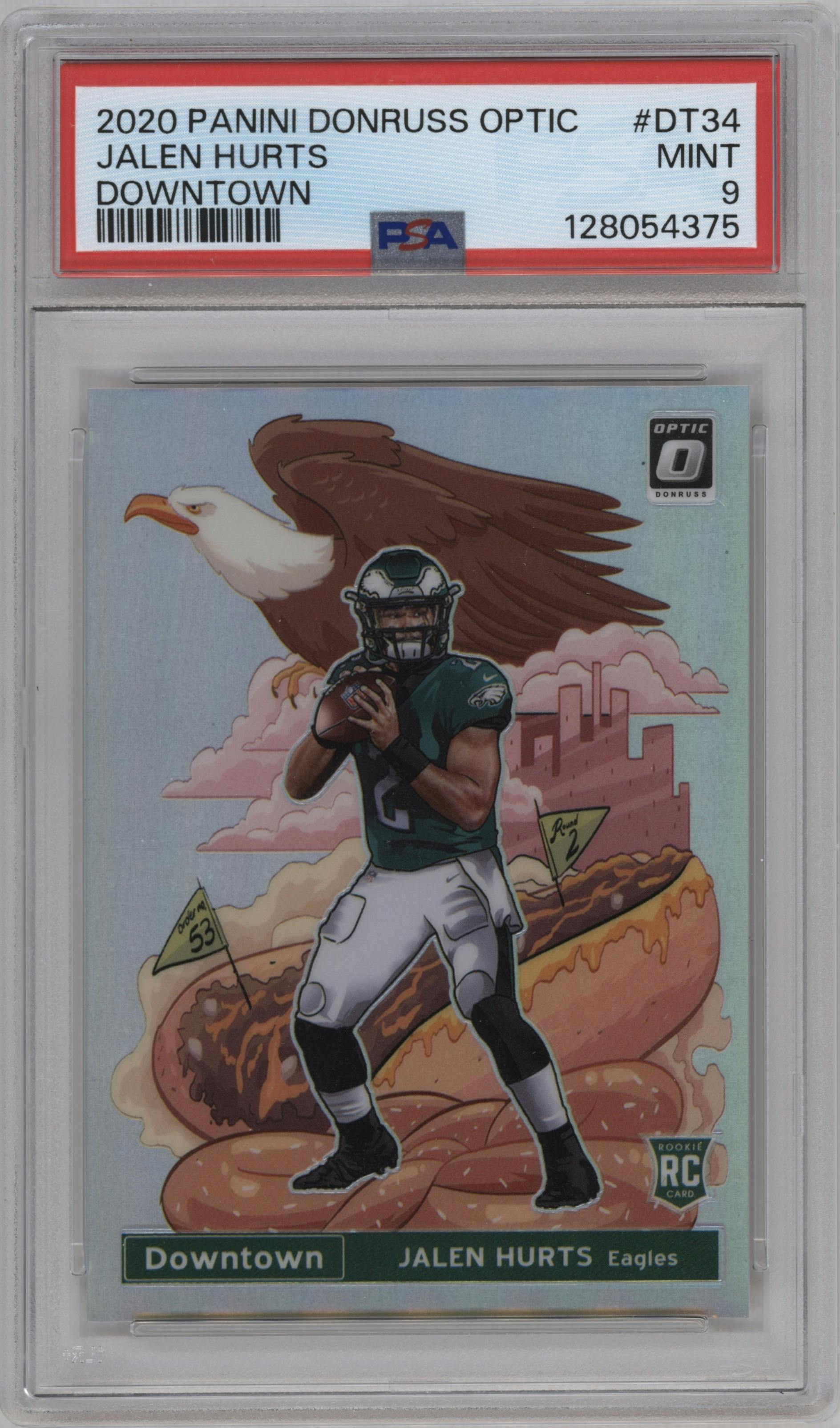 Jalen Hurts from the 2020 Panini Donruss Optic set graded by PSA and given an overall grade of 9.