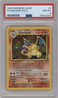 Charizard from the 1999 Pokemon set graded by PSA and given an overall grade of 8.