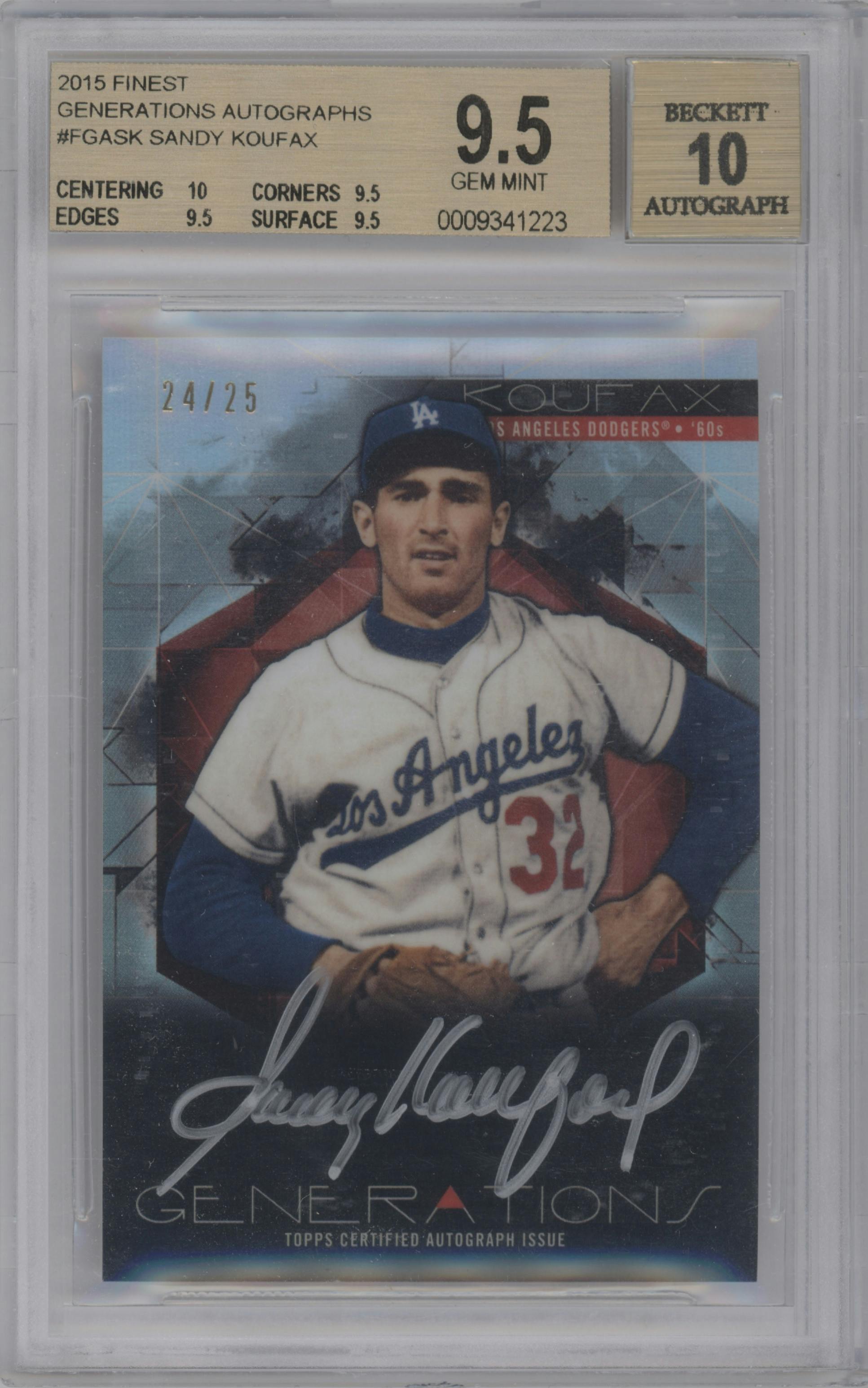 Sandy Koufax from the 2015 Topps Finest set graded by Beckett and given an overall grade of 9.5.