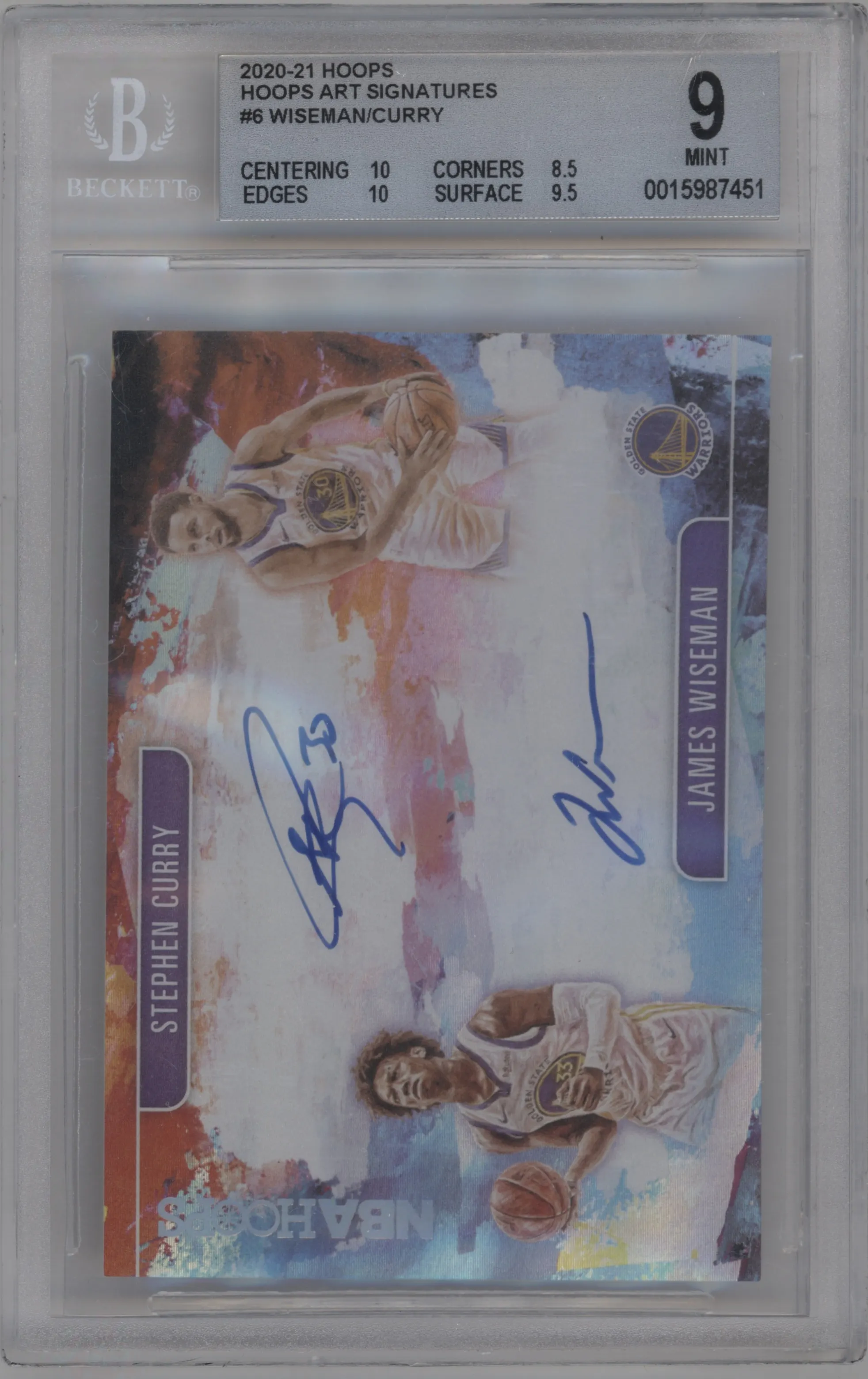 Stephen Curry/James Wiseman from the 2020-21 Panini NBA Hoops set graded by Beckett and given an overall grade of 9.