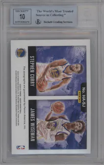 Stephen Curry/James Wiseman from the 2020-21 Panini NBA Hoops set graded by Beckett and given an overall grade of 9.