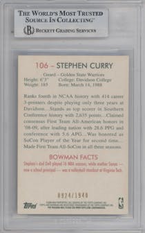 Stephen Curry from the 2009-10 Bowman '48 set featuring a Blue parallel graded by Beckett and given an overall grade of 8.5.