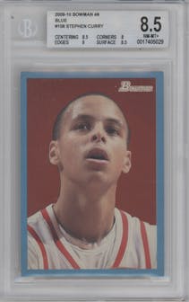 Stephen Curry from the 2009-10 Bowman '48 set featuring a Blue parallel graded by Beckett and given an overall grade of 8.5.