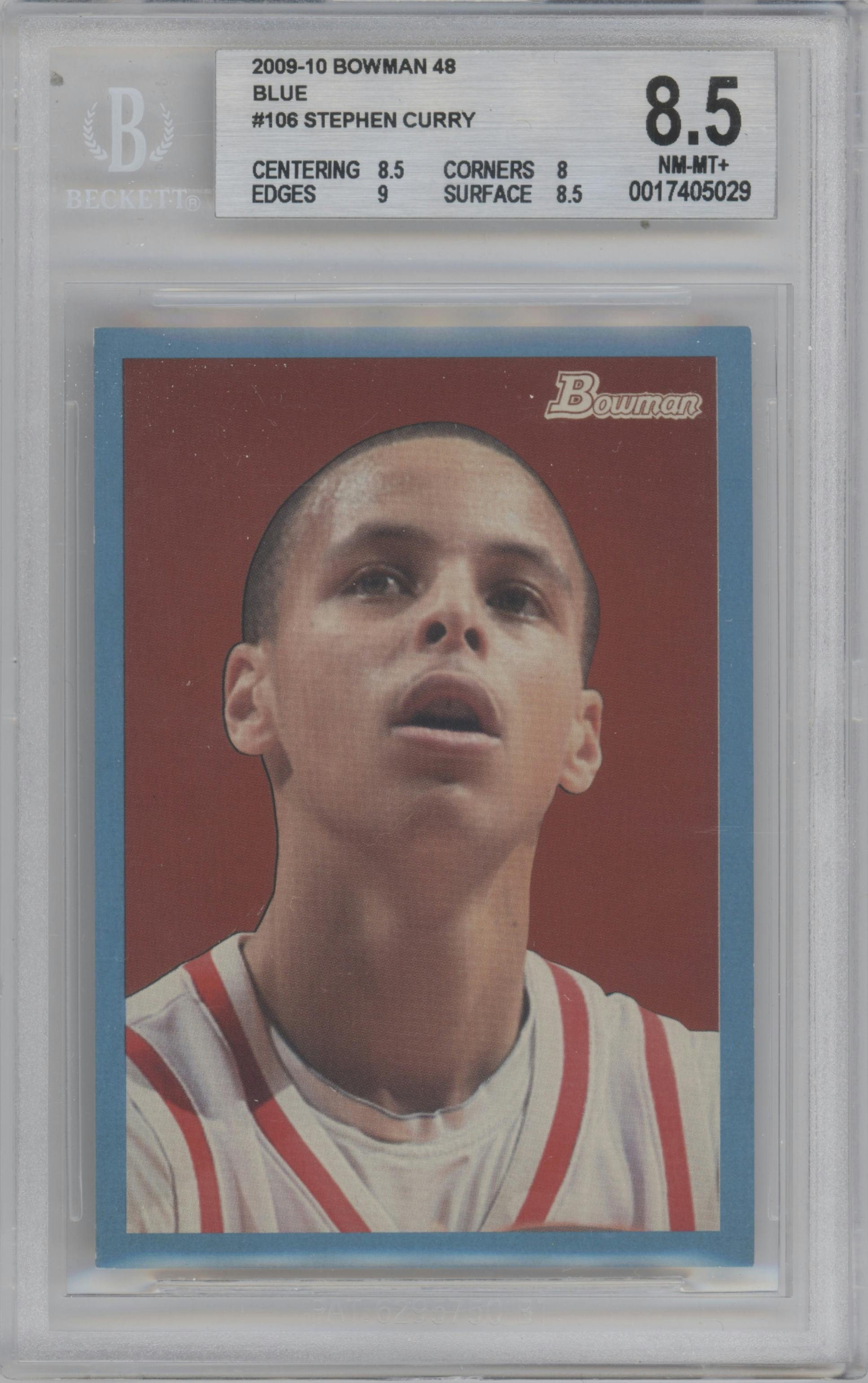 Stephen Curry from the 2009-10 Bowman '48 set featuring a Blue parallel graded by Beckett and given an overall grade of 8.5.
