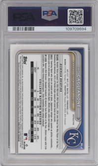 Jac Caglianone from the 2024 Bowman Draft set featuring a Refractor parallel graded by PSA and given an overall grade of 9.