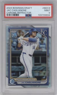 Jac Caglianone from the 2024 Bowman Draft set featuring a Refractor parallel graded by PSA and given an overall grade of 9.