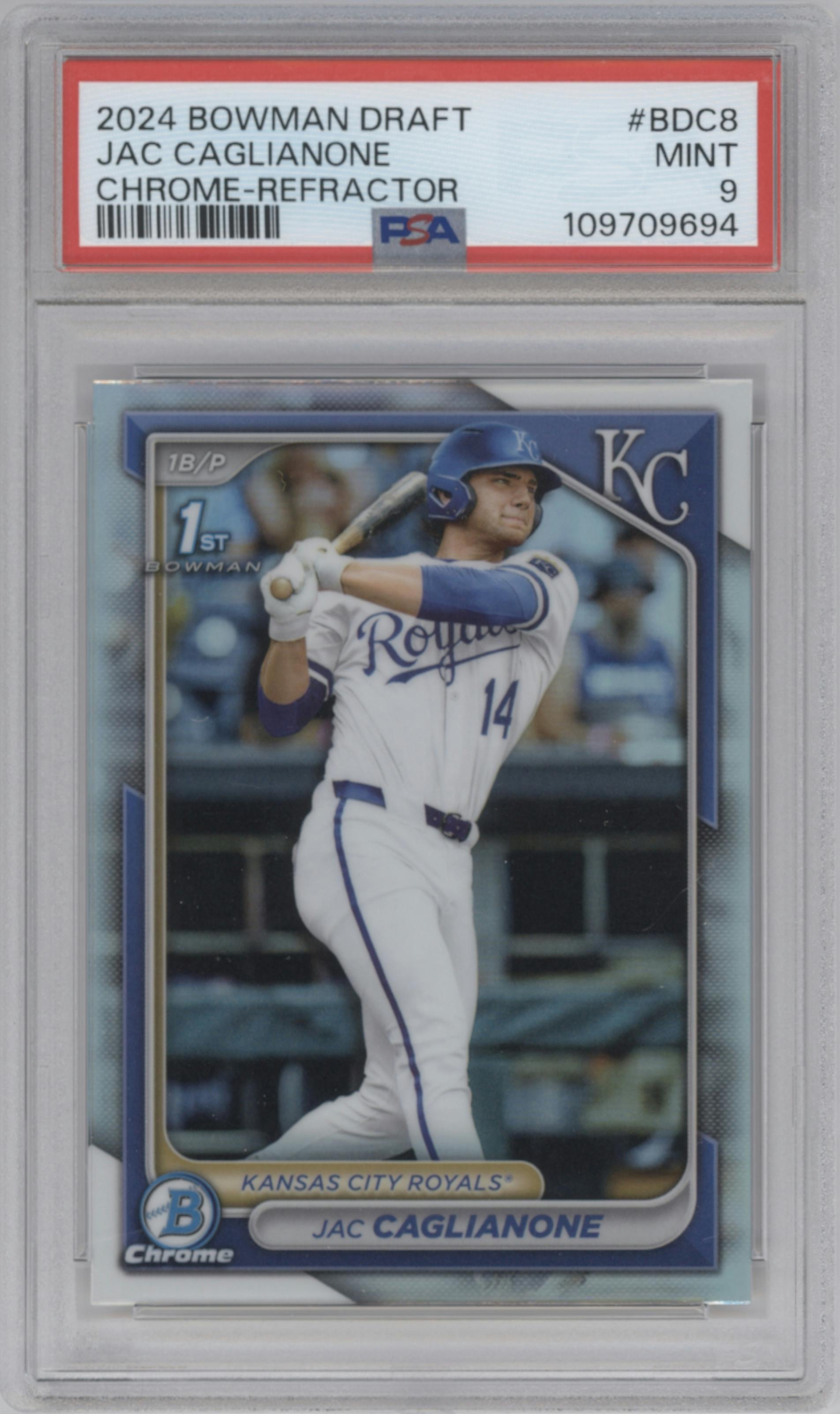 Jac Caglianone from the 2024 Bowman Draft set featuring a Refractor parallel graded by PSA and given an overall grade of 9.