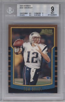 Tom Brady from the 2000 Bowman set graded by Beckett and given an overall grade of 9.
