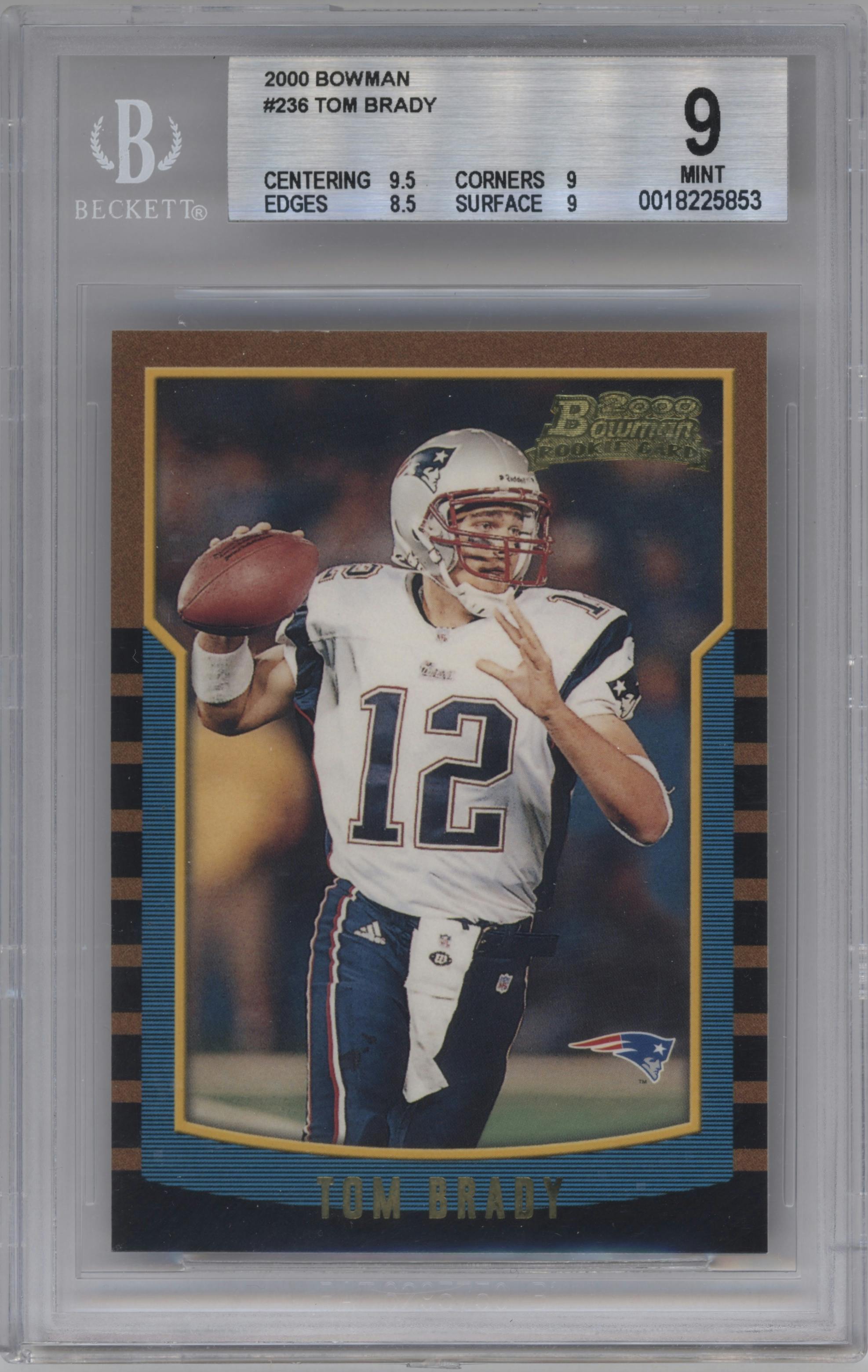 Tom Brady from the 2000 Bowman set graded by Beckett and given an overall grade of 9.