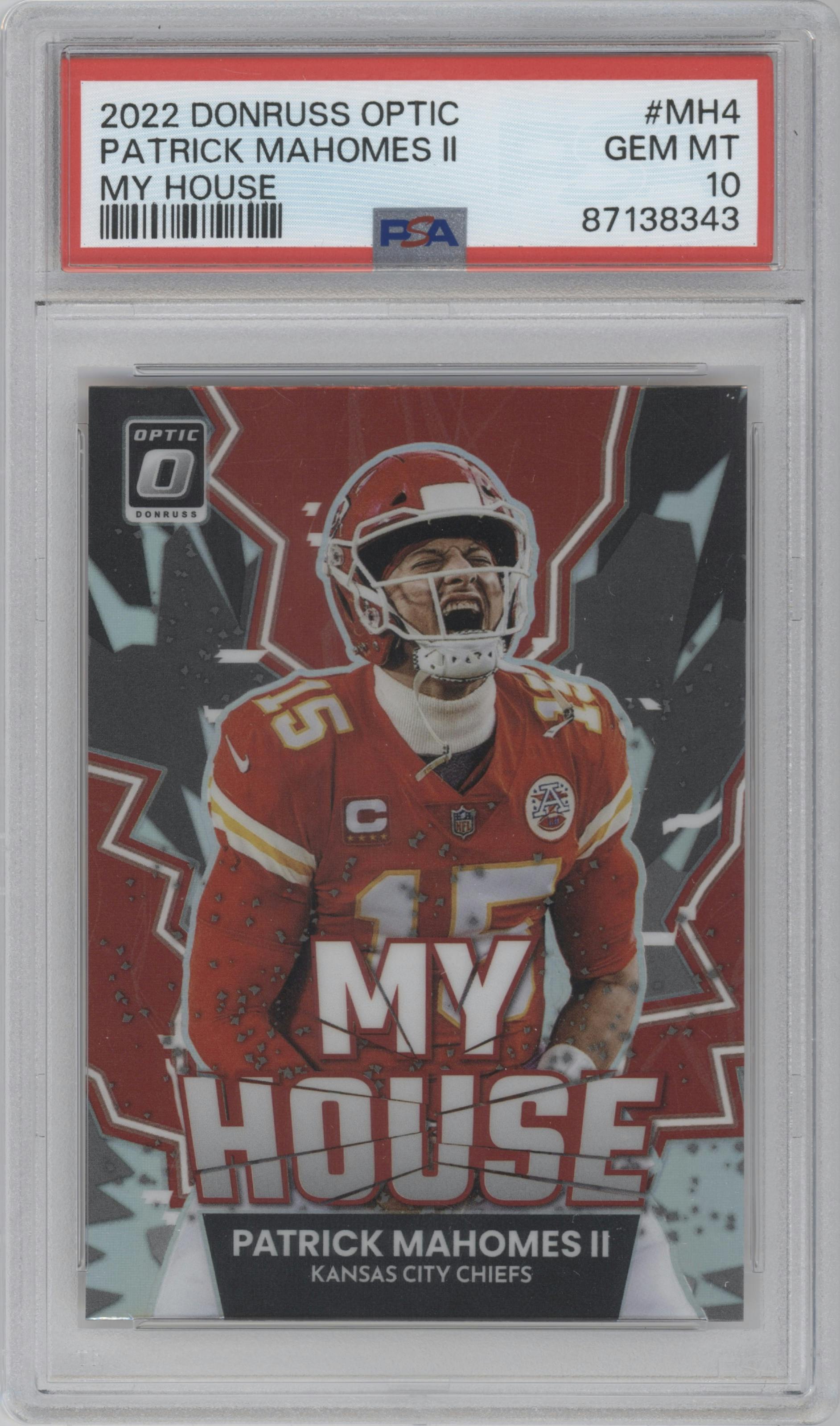 Patrick Mahomes II from the 2022 Panini Donruss Optic set graded by PSA and given an overall grade of 10.