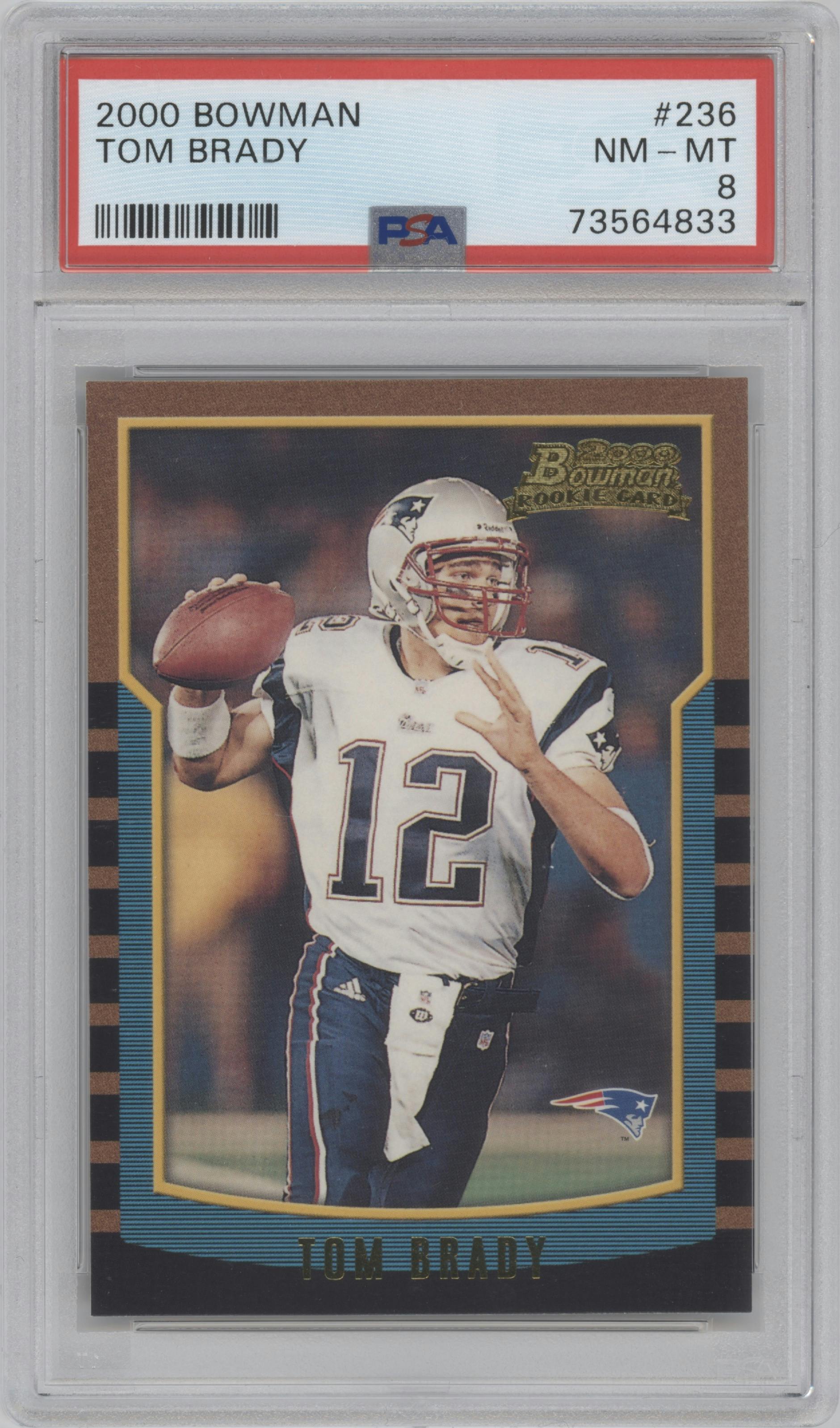 Tom Brady from the 2000 Bowman set graded by PSA and given an overall grade of 8.