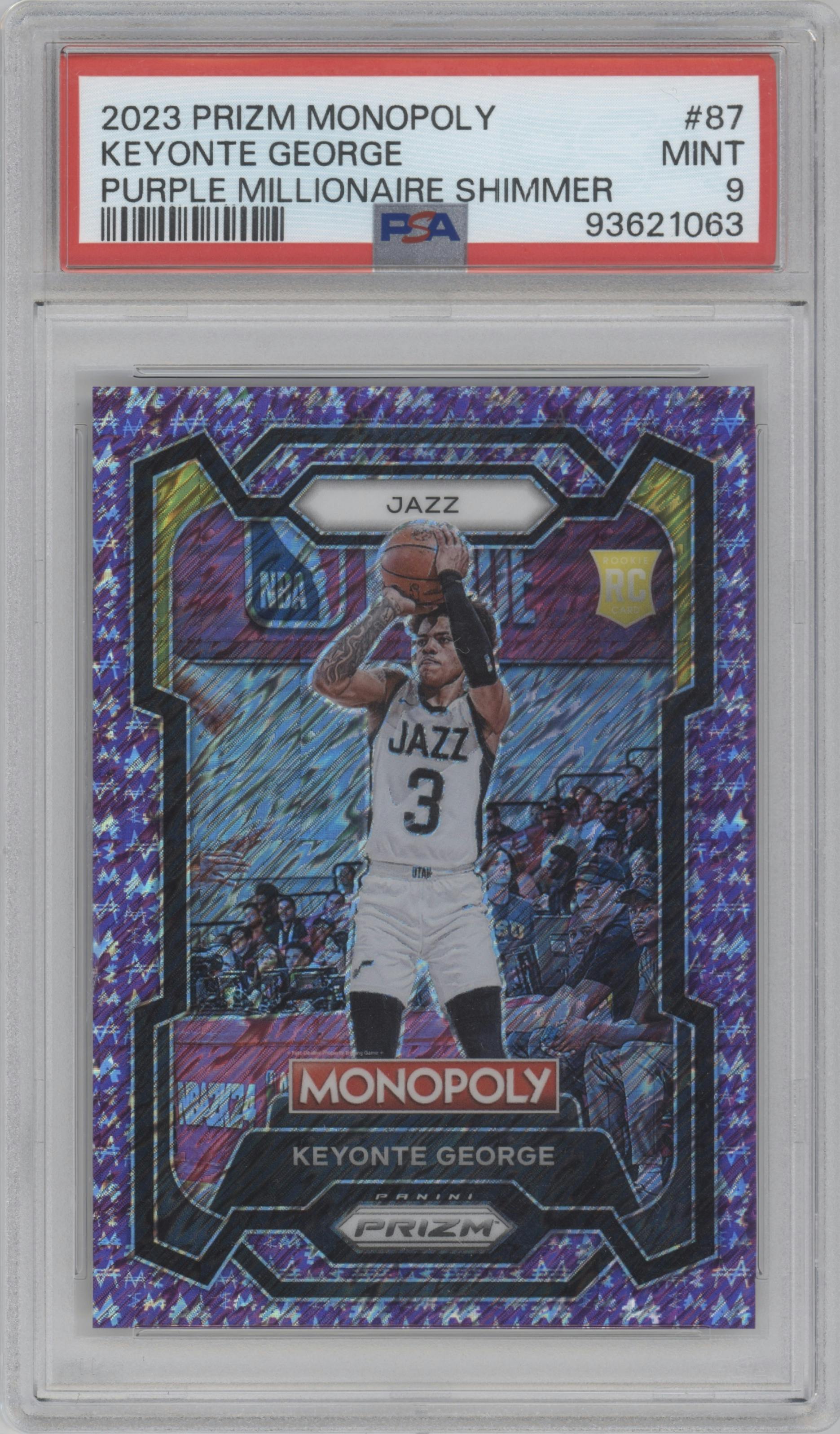 Keyonte George from the 2023-24 Panini Prizm Monopoly set featuring a Purple Millionaire Shimmer parallel graded by PSA and given an overall grade of 9.