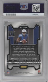 Anthony Richardson from the 2023 Panini Prizm set featuring a Silver Prizm parallel graded by PSA and given an overall grade of 10.
