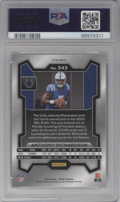 Anthony Richardson from the 2023 Panini Prizm set featuring a Silver Prizm parallel graded by PSA and given an overall grade of 10.