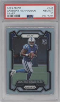 Anthony Richardson from the 2023 Panini Prizm set featuring a Silver Prizm parallel graded by PSA and given an overall grade of 10.