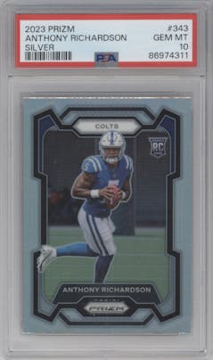 Anthony Richardson from the 2023 Panini Prizm set featuring a Silver Prizm parallel graded by PSA and given an overall grade of 10.