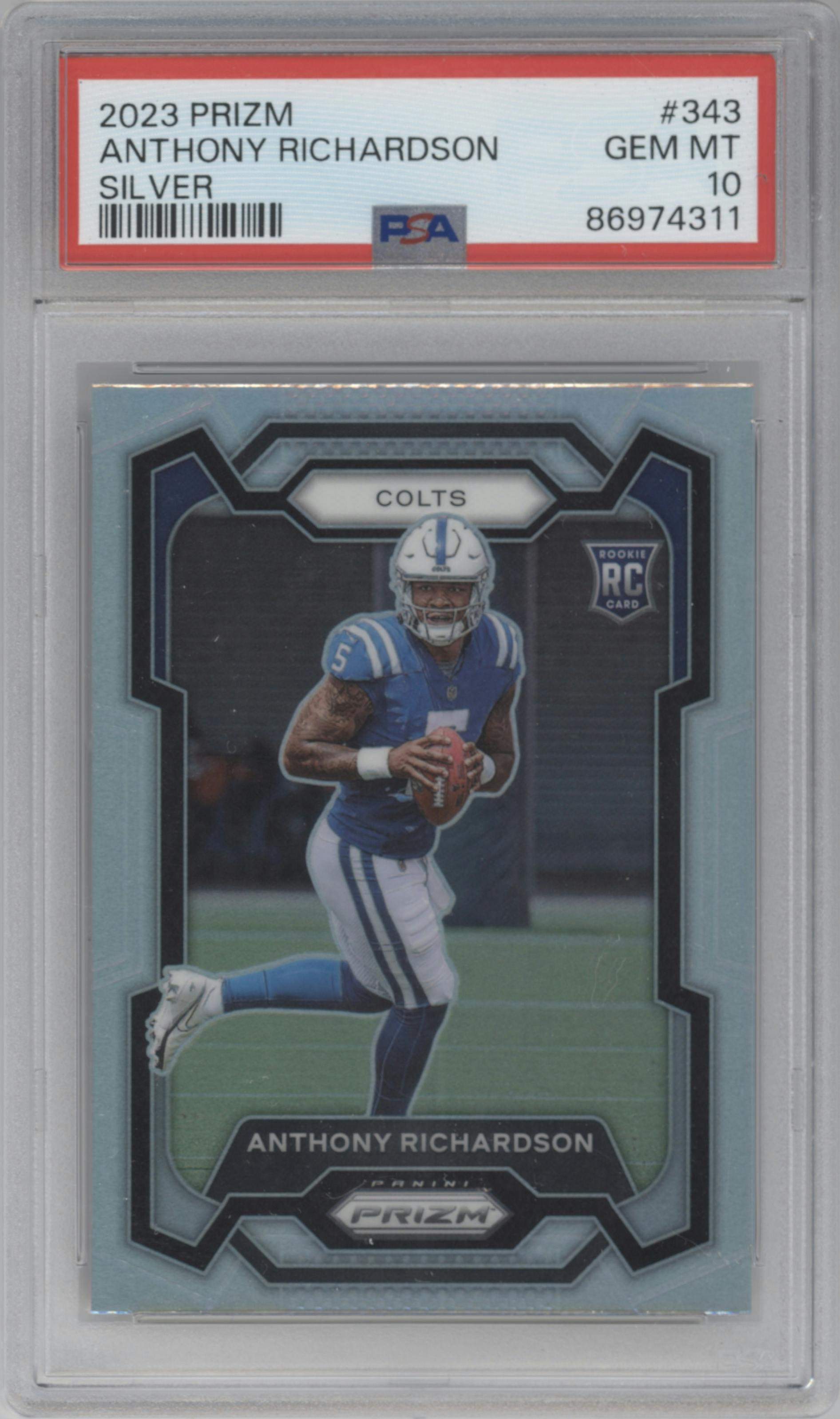 Anthony Richardson from the 2023 Panini Prizm set featuring a Silver Prizm parallel graded by PSA and given an overall grade of 10.