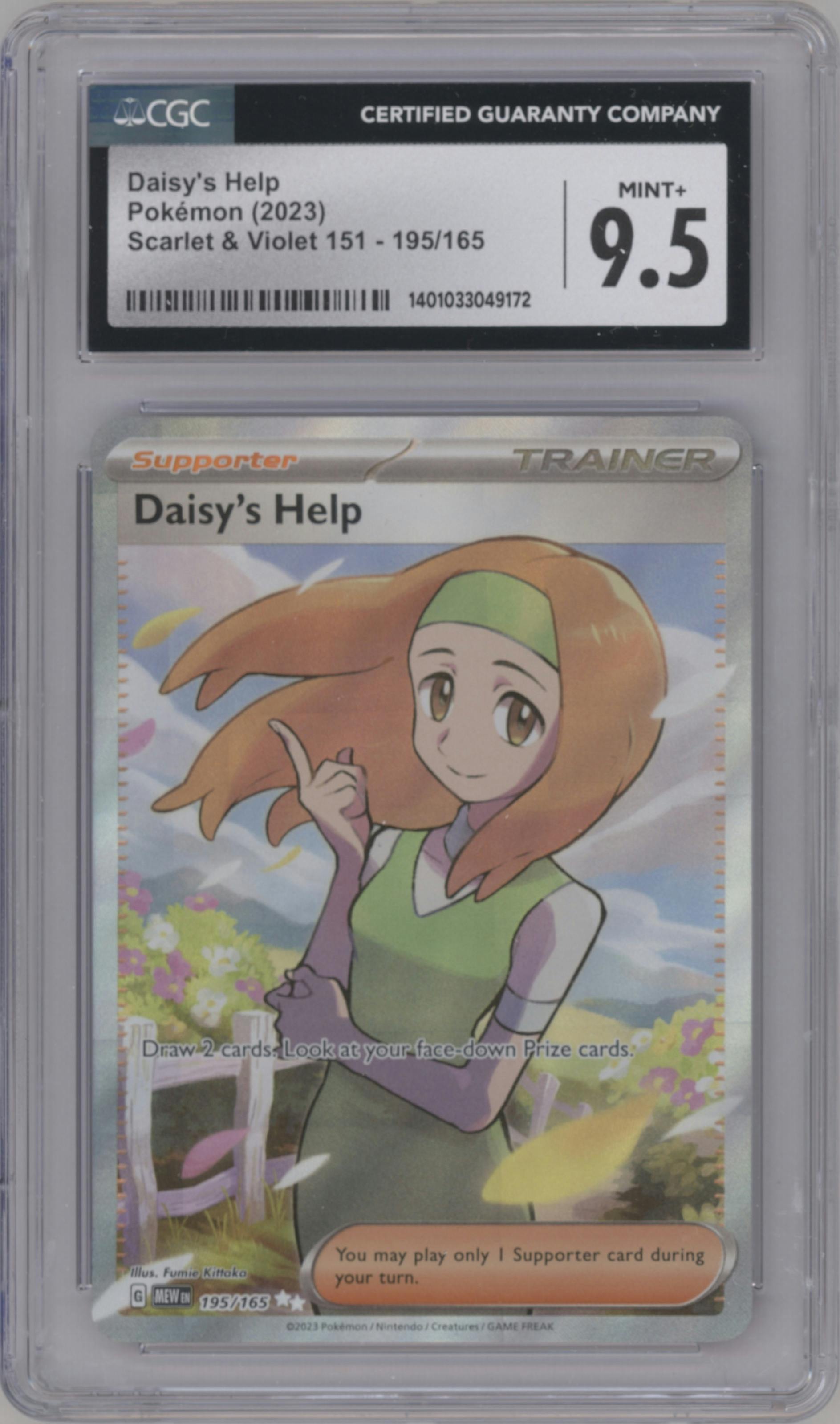 Daisy's Help from the 2023 Pokemon SV set graded by CSG and given an overall grade of 9.5.