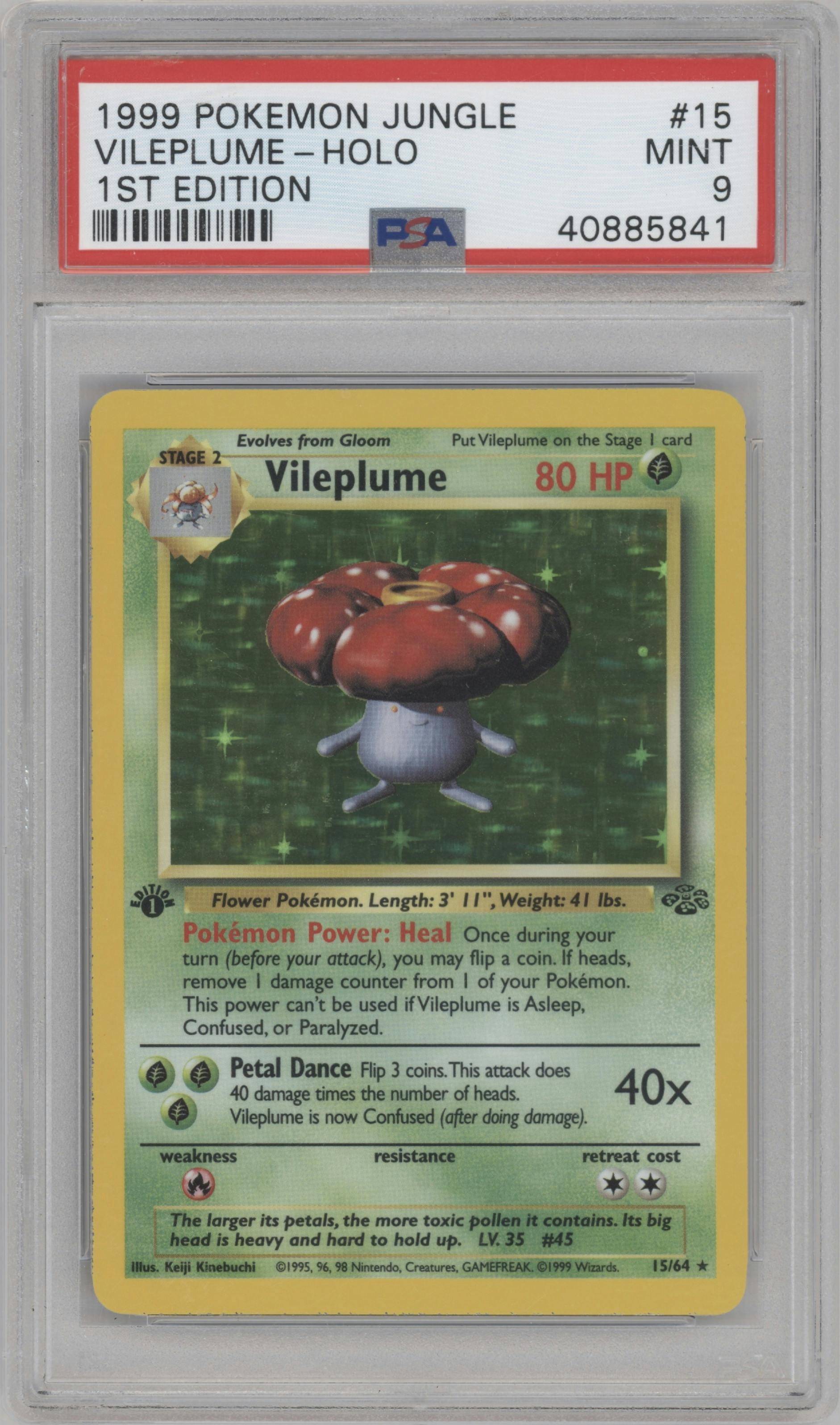 Vileplume from the 1999 Pokemon set graded by PSA and given an overall grade of 9.