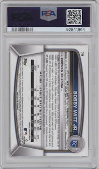 Bobby Witt Jr. from the 2023 Bowman Chrome Sapphire Edition set featuring a Orange parallel graded by PSA and given an overall grade of 10.