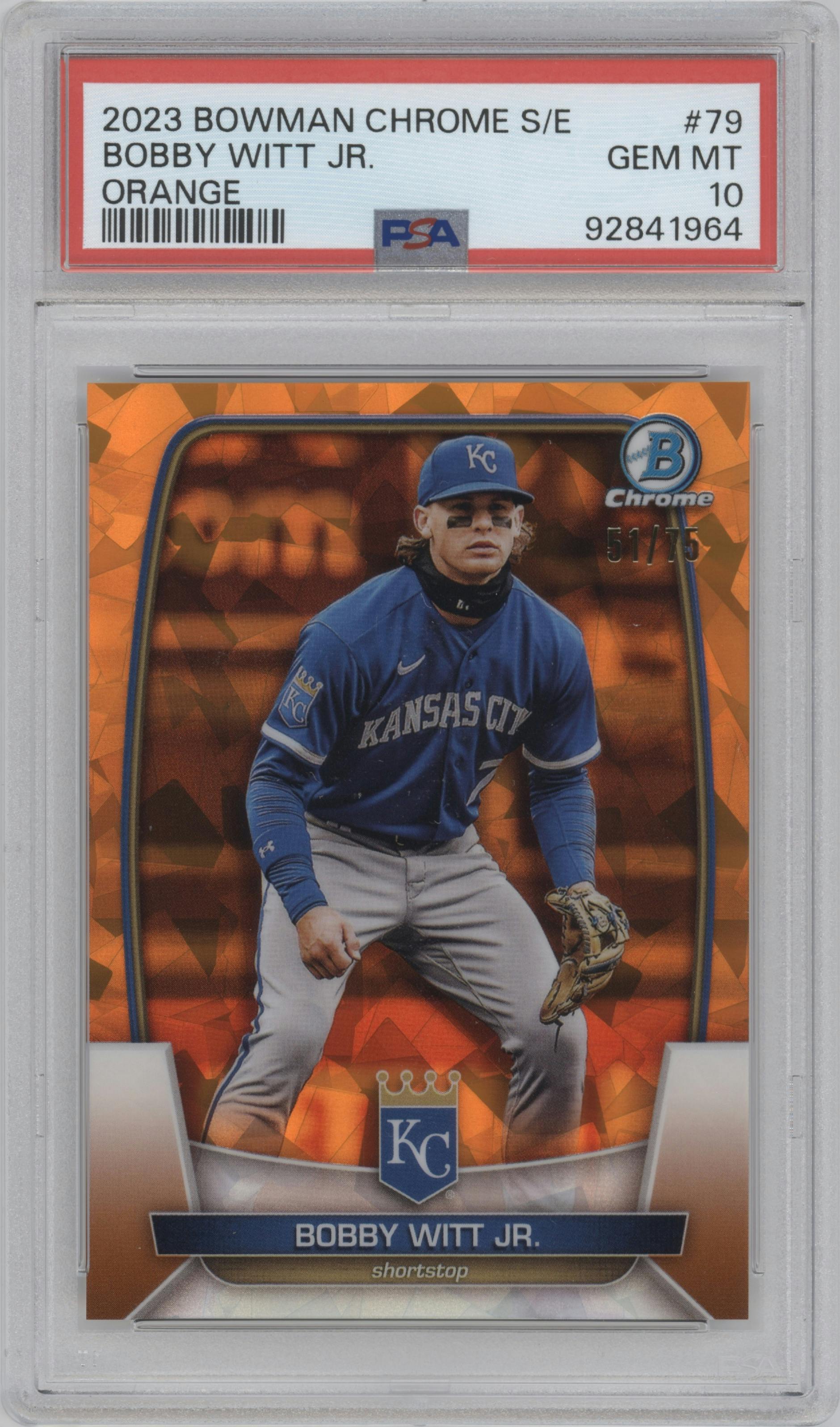 Bobby Witt Jr. from the 2023 Bowman Chrome Sapphire Edition set featuring a Orange parallel graded by PSA and given an overall grade of 10.