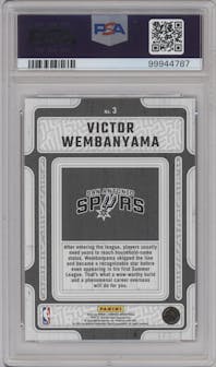 Victor Wembanyama from the 2023-24 Panini Donruss set featuring a Red Fireworks parallel graded by PSA and given an overall grade of 9.