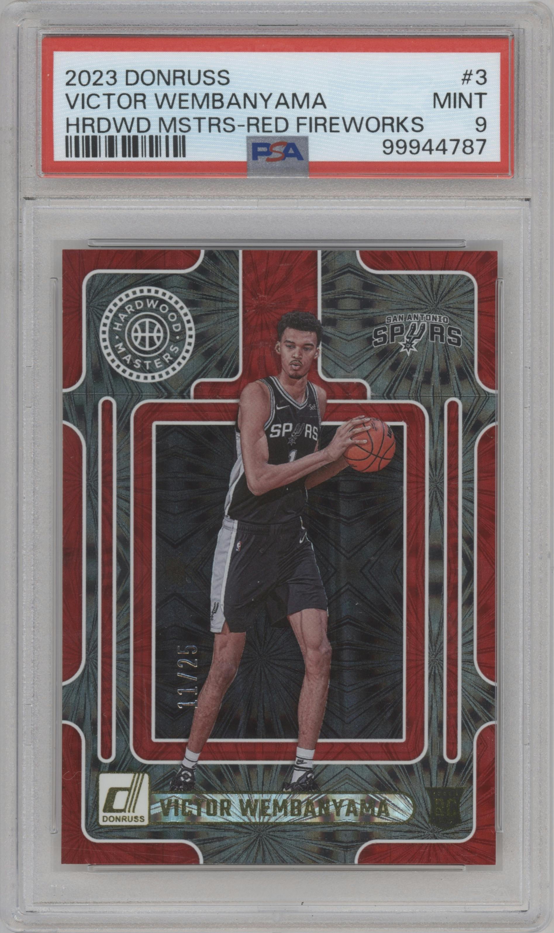 Victor Wembanyama from the 2023-24 Panini Donruss set featuring a Red Fireworks parallel graded by PSA and given an overall grade of 9.