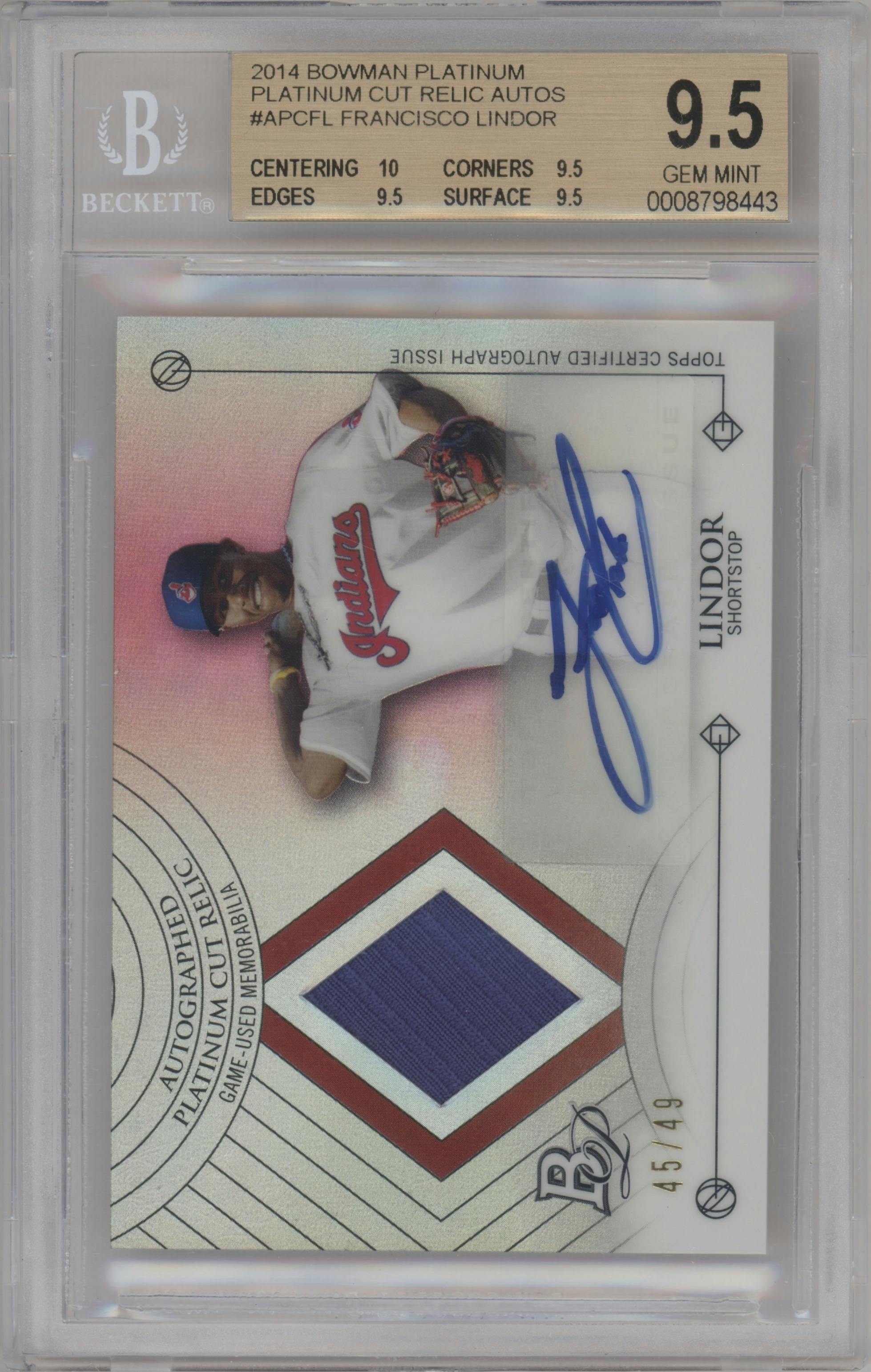 Francisco Lindor from the 2014 Bowman Platinum set graded by Beckett and given an overall grade of 9.5.