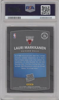 Lauri Markkanen from the 2017-18 Panini Donruss Optic set featuring a Red/Yellow  parallel graded by PSA and given an overall grade of 10.