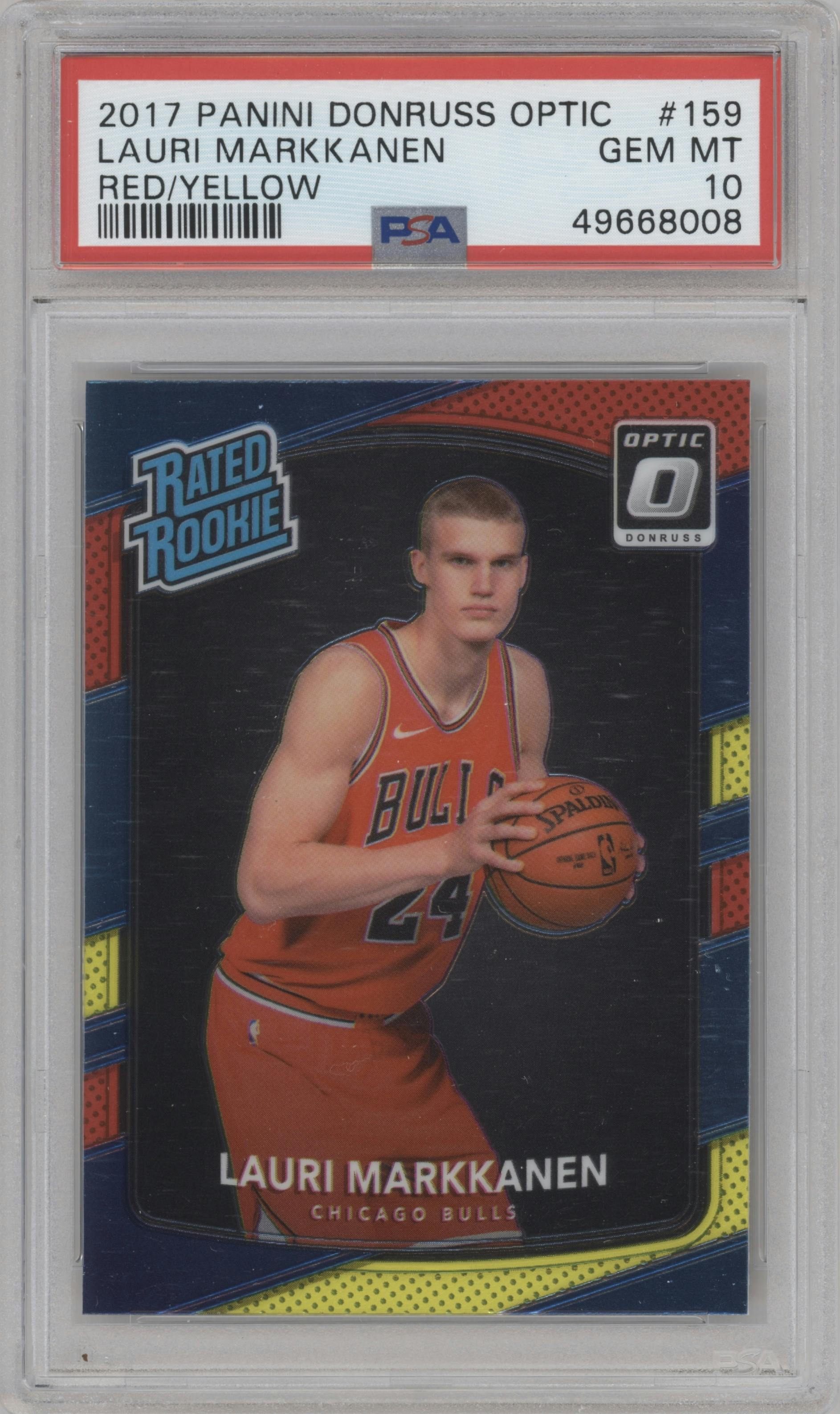 Lauri Markkanen from the 2017-18 Panini Donruss Optic set featuring a Red/Yellow  parallel graded by PSA and given an overall grade of 10.