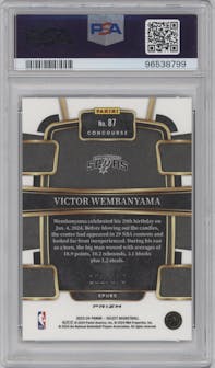 Victor Wembanyama from the 2023-24 Panini Select  set featuring a Purple Flash parallel graded by PSA and given an overall grade of 10.