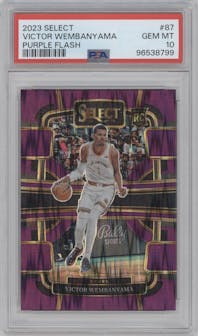Victor Wembanyama from the 2023-24 Panini Select  set featuring a Purple Flash parallel graded by PSA and given an overall grade of 10.