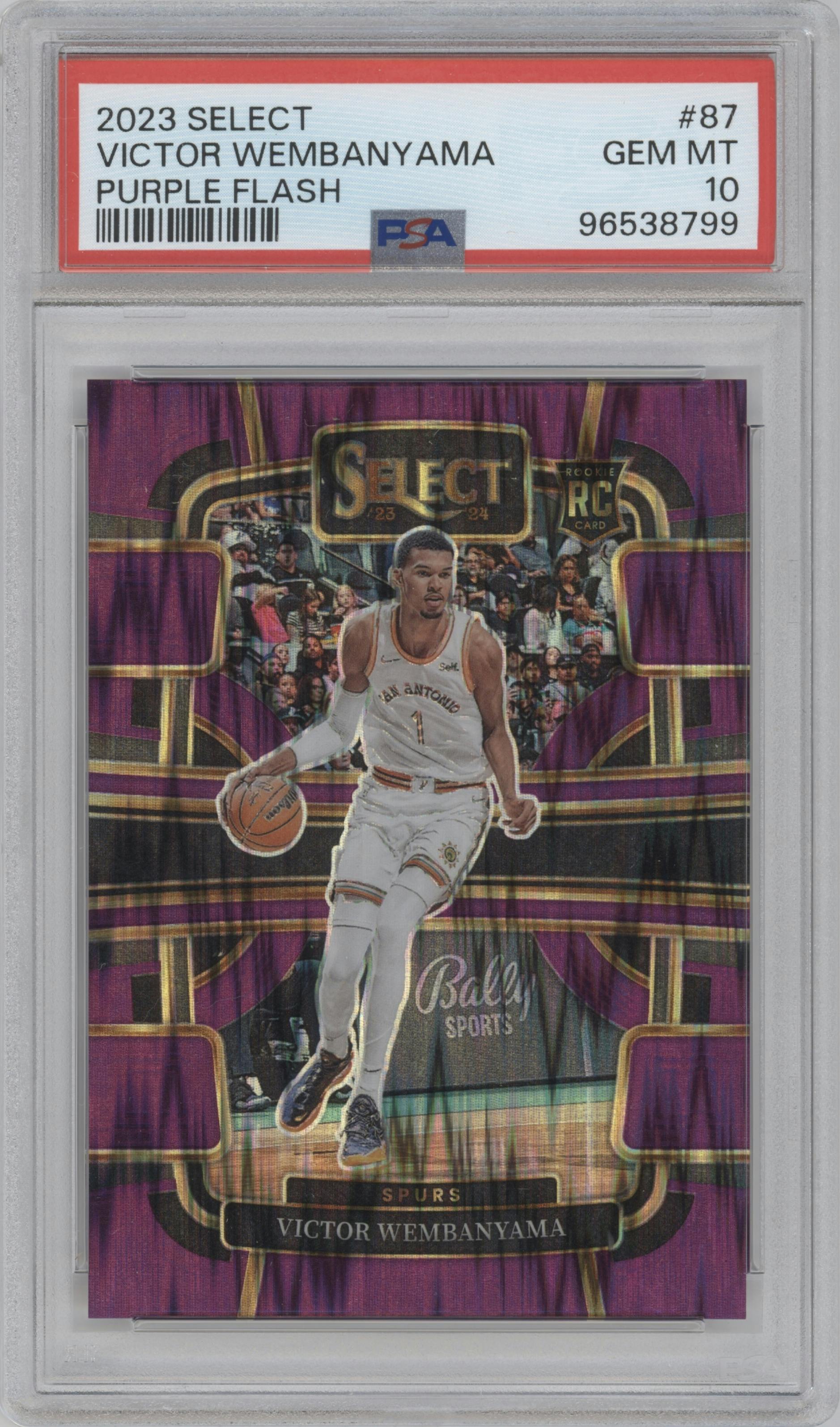 Victor Wembanyama from the 2023-24 Panini Select  set featuring a Purple Flash parallel graded by PSA and given an overall grade of 10.